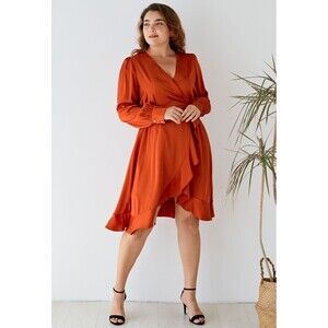 Chicwish M Rust Asymmetric Faux Wrap Ruffle Hem Satin Dress 711